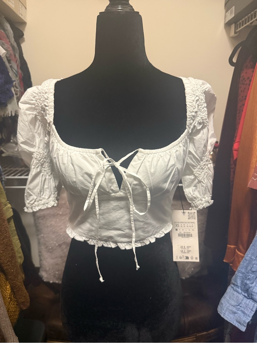 Zara White Smocked Sleeve Tie-Front Crop Top